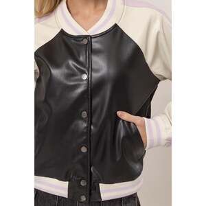 Black Lilac Faux Leather Bomber Baseball Jacket
